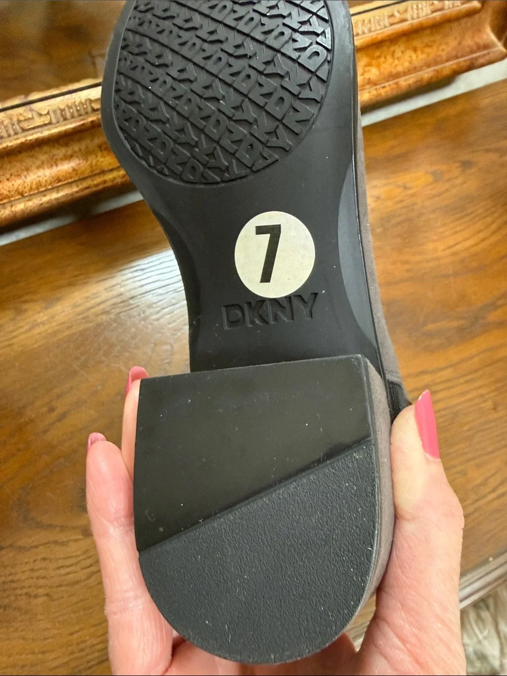 DKNY Gray Suede Ankle Booties with Logo strap accents. Size 7.